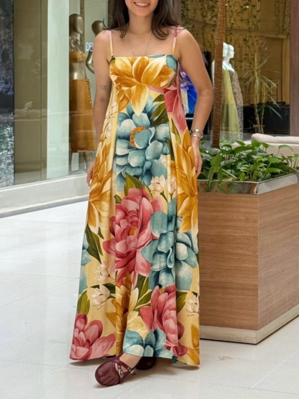 FARM Rio Yellow Maxi Dress with Pink & Blue Floral Print Size XL